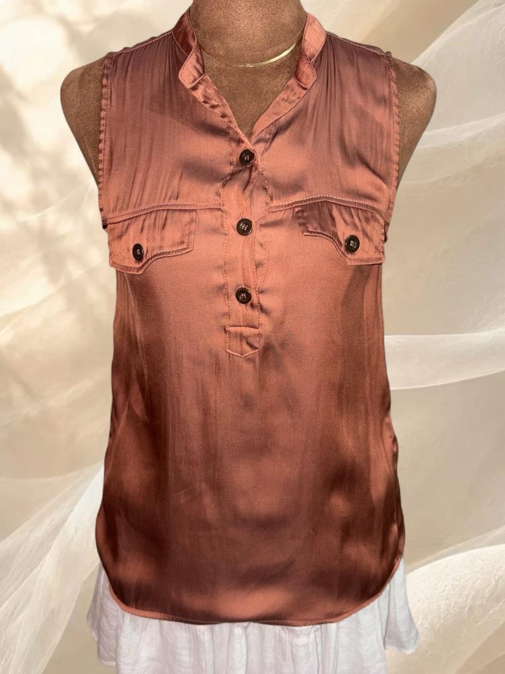 H&M Satin Sleeveless Button Down Blouse Rose Copper Size 2